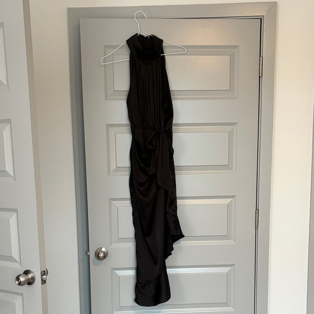 dress day black maxi ruffle tie dress high neck- black- S